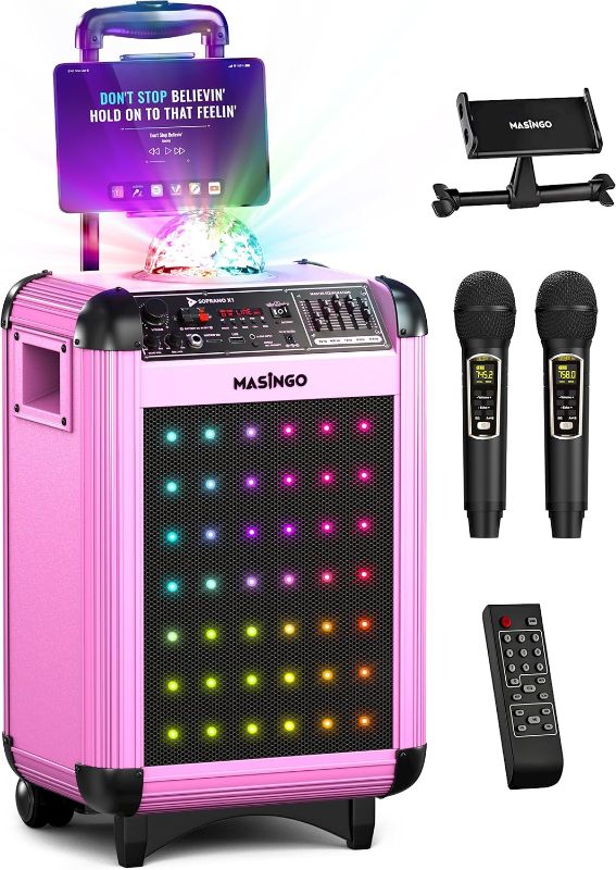 Photo 1 of MASINGO Karaoke Machine for Adults & Kids with 2 UHF Wireless Microphones - Portable Singing PA Speaker System w/ Two Bluetooth Mics, Party Lights, Lyrics Display Holder & TV Cable - Soprano X1 Pink