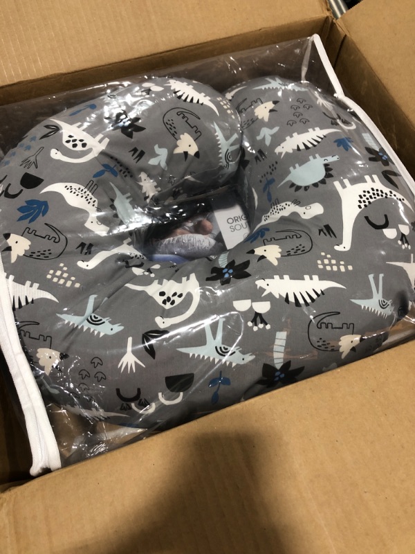 Photo 2 of Boppy Nursing Pillow and Positioner—Original | Gray Dinosaurs with White, Black and Blue | Breastfeeding, Bottle Feeding, Baby Support | With Removable Cotton Blend Cover | Awake-Time Support