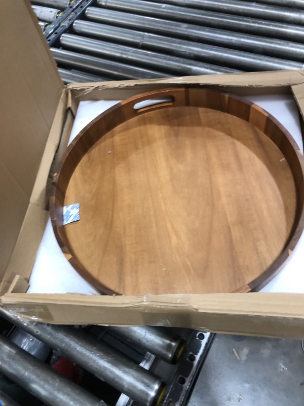 Photo 2 of Round Wooden Serving Tray with Handles,20" Large Diameter Wood Serving Trays for Ottoman,Rustic Acacia Wood Circle Tray for Eating, Entertaining,Decorating and Organizing Diameter 20"