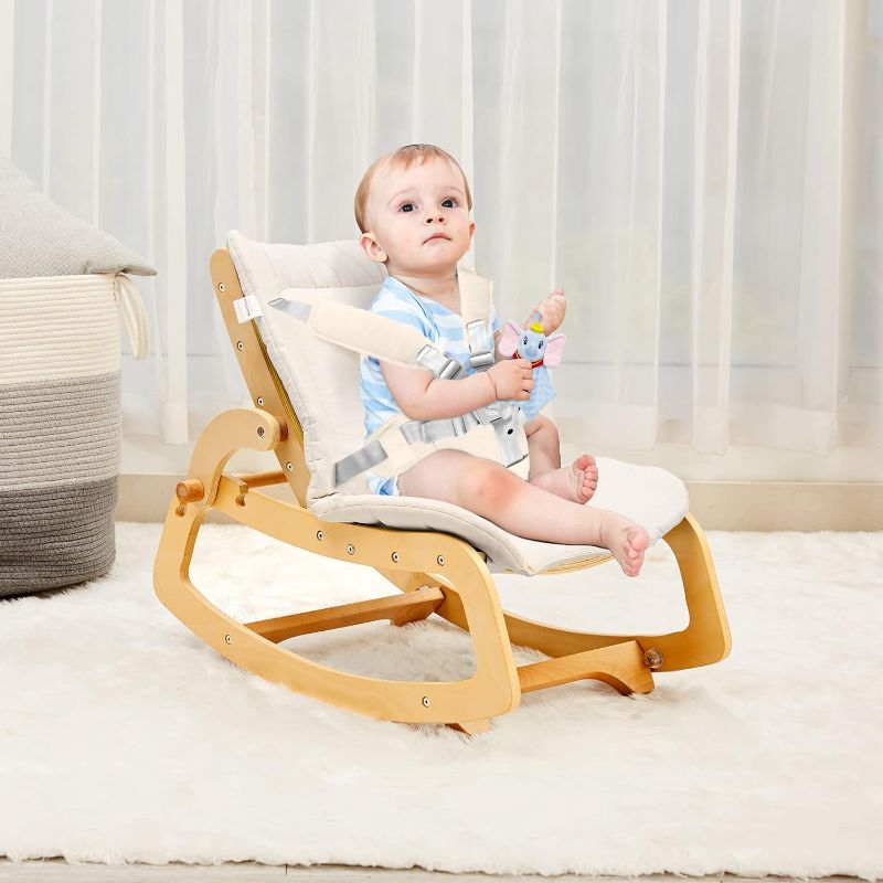 Photo 1 of MallBest 3-in-1 Baby Bouncer Adjustable Wooden Rocker Chair Recliner with Removable Cushion and Seat Belt for Infant to Toddler (Beige)
