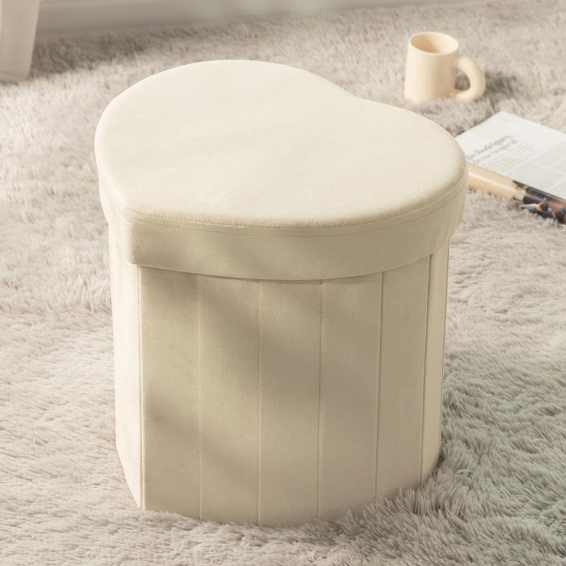 Photo 1 of  Ashler Storage Ottoman Heart Shaped with Padded Seat, Foldable Footrest for Couch, Living Room, Bedroom- Soft Velvet Tufted Foot Rest Stool for Doorway, Off White, 25L Capacity 