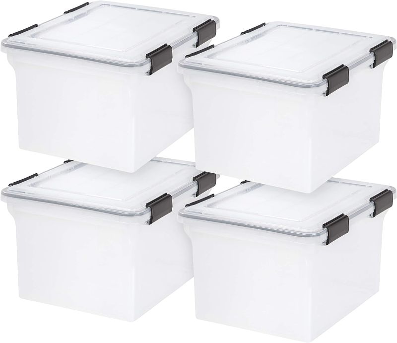 Photo 1 of  IRIS USA File Box WeatherPro File Organizer Plastic File Box for Letter/Legal File, Durable Lid and Seal w/ Secure Latching Buckles, Stackable and Nestable, Clear 32 Qt. 4Pack 