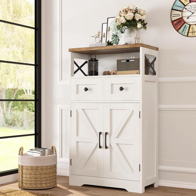 Photo 1 of Befrases Farmhouse White Storage Cabinet with Doors and Drawers, Freestanding Kitchen Pantry Cabinet, Floor Storage Cabinet Hutch Cupboard for Kitchen/Laundry/Living Room/Bedroom 