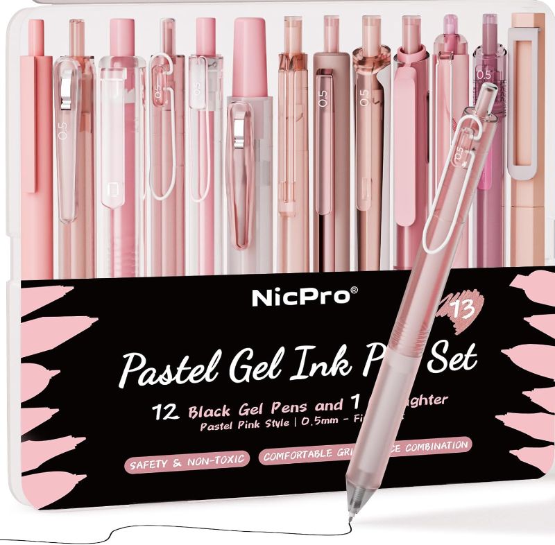 Photo 1 of Nicpro 13PCS Pastel Gel Ink Pen Set with Case, Cute Retractable 0.5mm Fine Point Pen, 12 Black Ink Pens with 1 Highlighter, Aesthetic Drawing Pen for Student Note Taking,Writing,Office Supplies (Pink)
