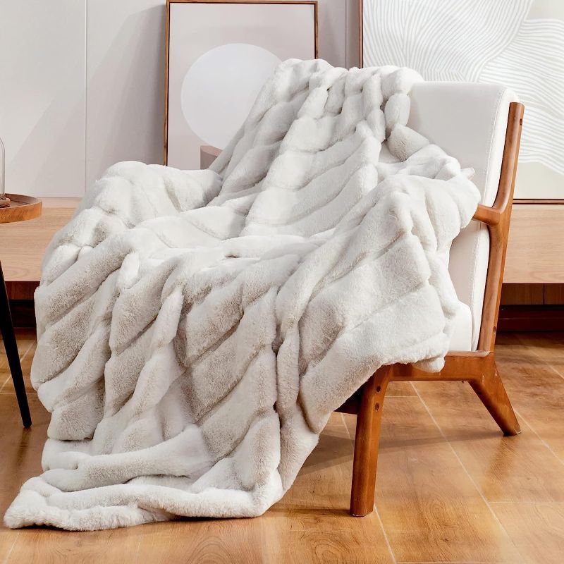 Photo 1 of Cozy Bliss Faux Fur Throw Blanket for Couch, Cozy Soft Plush Thick Winter Blanket for Sofa Bedroom Living Room, 50 * 60 Inches Beige
