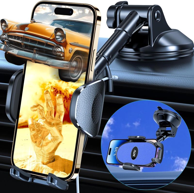 Photo 1 of ?Military-Grade Stable Suction?Cell Phone Holder for Car,?Flexible Telescopic Arm?360° Rotatable Stand Dashboard Windshield Cellphone Mount for iPhone 15 14 13 12 Samsung Smartphone Truck (Light blue)
