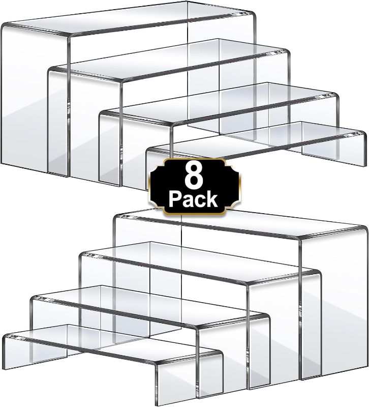 Photo 1 of  Large Acrylic Risers, 8 Pcs 2 Set Acrylic Display Set Rectangular Stands Shelf Clear Display Risers for Decor, Cake and Funko Pop Shelves Retail Shoe Showcase(1-3-4-5IN) 