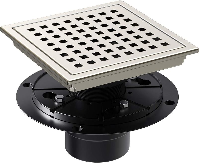 Photo 1 of  6 Inch Square Shower Floor Drain with Flange,Quadrato Pattern Grate Removable,Food-Grade SUS 304 Stainless Steel,Watermark&CUPC Certified,Brushed Nickel. 