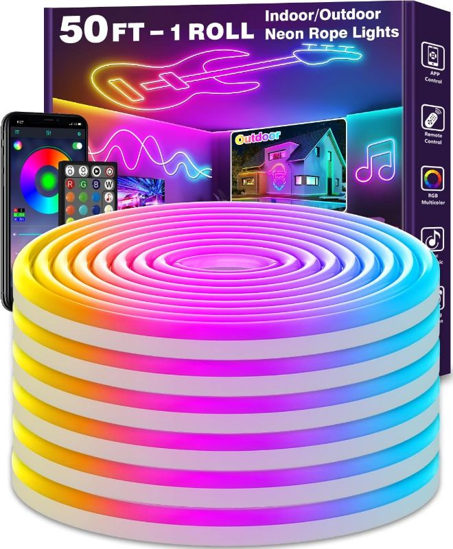 Photo 1 of  50Ft Led Neon Rope Lights,Control with App/Remote,Flexible Led Rope Lights,Multiple Modes,IP65 Outdoor RGB Neon Lights Waterproof,Music Sync Gaming Led Neon Strip Lights for Bedroom Indoor Led Light 