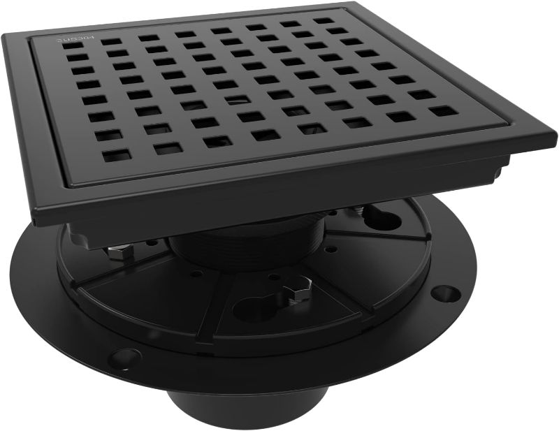 Photo 1 of  6 Inch Square Shower Floor Drain with Flange,Quadrato Pattern Grate Removable,Food-Grade SUS 304 Stainless Steel,Watermark&CUPC Certified,Matte Black 