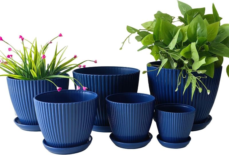 Photo 1 of  7.5/6.5/5.5/4.9/4.2/3.5 inches Plant Planters 6 Pack, Thick Sturdy Plastic Pots for Plants, Indoor/Outdoor 6 Sizes Flower Pots with Drainage Holes and Saucers (6 Sizes,Dark-Blue) 