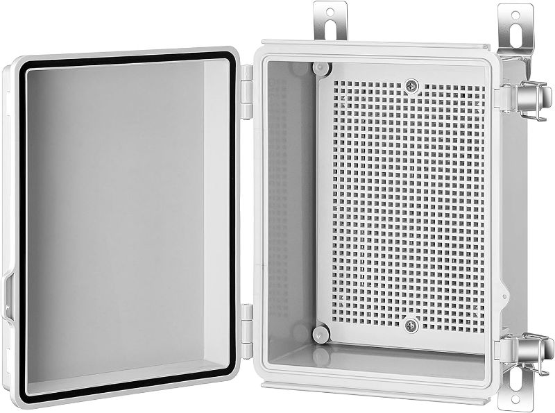 Photo 1 of  Junction Box, IP67 Waterproof Plastic Enclosure for Electrical Project, Hinged Grey Cover, Includes Mounting Plate and Wall Bracket 220×170×110mm (8.6"×6.7"×4.3") 