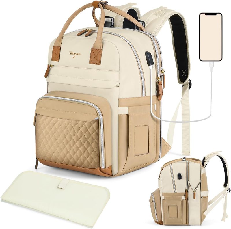 Photo 1 of  Large Diaper Bag Backpack, 25-37L Expandable Diaper Bags for 2 Kids/Twins, Baby Diaper Bag with Changing Pad and USB Charging Port, Apricot & Brown 