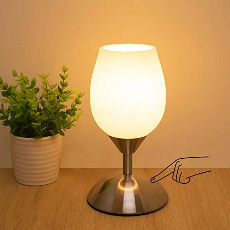 Photo 1 of Boncoo Dimmable Touch Control Table Lamp, Small Touch Lamp with White Opal Glass Lampshade Ambient Light Bedside Little Lamp Silver Base Modern Accent Lamp for Bedroom, Living Room, E12 Bulb Included