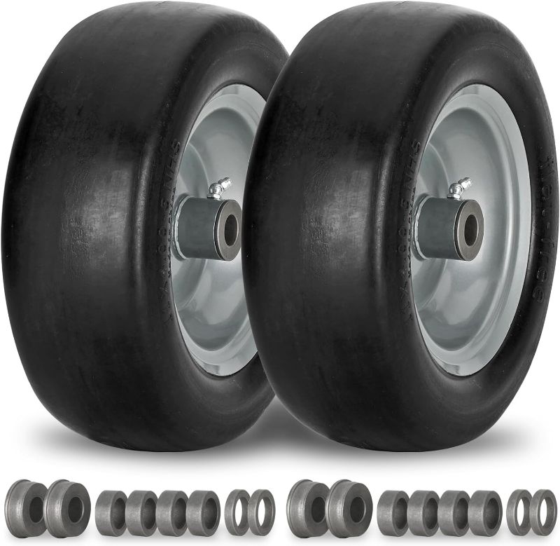 Photo 1 of 2 PCS 11x4.00-5" Flat Free Lawn Mower Tire on Wheel, 3/4" or 5/8" Bushing, 3.4"-4"-4.5-5" Centered Hub, Universal Fit Smooth Tread Tire for Zero Turn Lawn Mowers, with Universal Adapter Kit 
