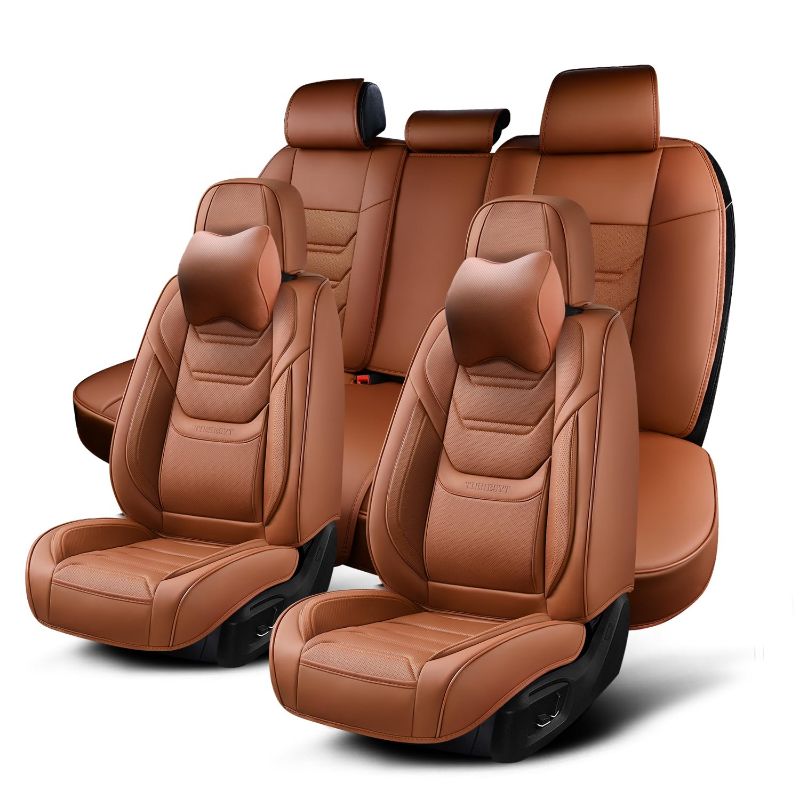 Photo 1 of TIEHESYT Car Seat Covers Full Set, Breathable Leather Automotive Front and Rear Seat Covers & Headrest for Reduce The Driving Fatigue, Compatible with Most Vehicles, Cars (Brown, Front Pair and Rear) Brown Front Pair and Rear