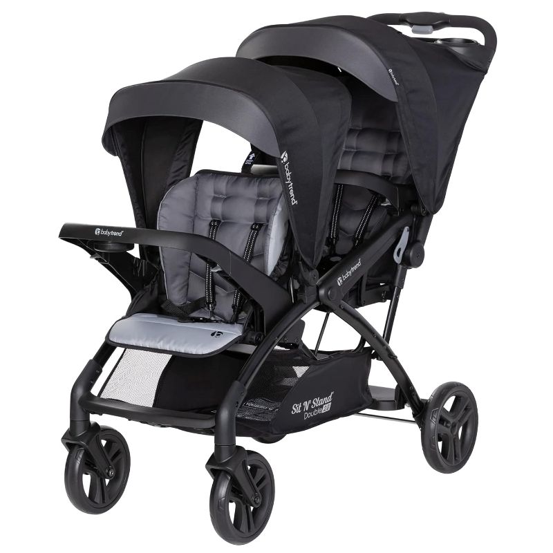 Photo 1 of Baby Trend Sit N Stand Tandem Double Stroller 2.0 DLX with 5 Point Safety Harness, Shaded Canopy, Storage Compartment, and 2 Cup Holders, Stormy
