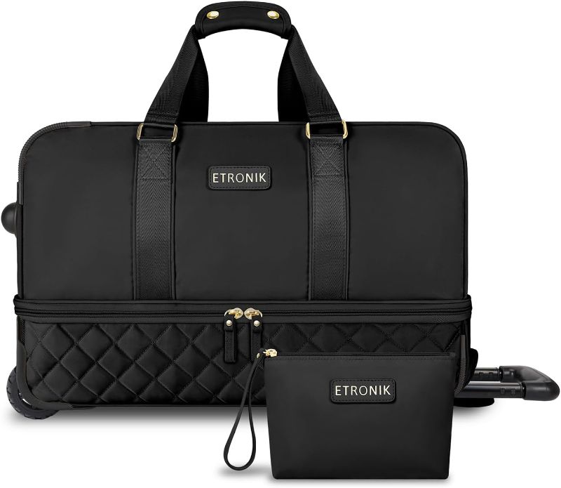 Photo 1 of  ETRONIK Rolling Duffle Bag with Wheels, 21 Inch Flight Approved Duffle Bag for Travel with Toiletry Bag, Carry on Luggage Weekender Bags for Women with Shoe Compartment, Black 