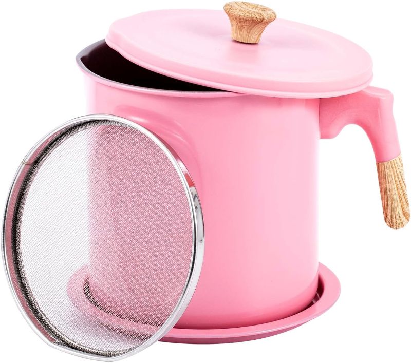 Photo 1 of Bacon Grease Container with Strainer,Oil Storage Container for Kitchen(48oz / 1.4L),Stainless Steel Oil Strainer Pot - Removable a Coaster Tray for Kitchen Fat Storage (1.4L, PINK) 1.4L PINK