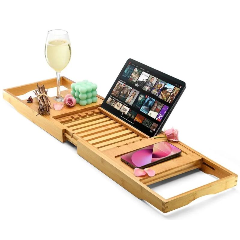 Photo 1 of Luxury Bathtub Tray Caddy - Foldable Waterproof Bath Tray & Bath Caddy - Wooden Tub Organizer & Holder for Wine, Book, Soap, Phone Luxury Gift For Men & Women - Expandable Size, Fits Most Tubs Home It