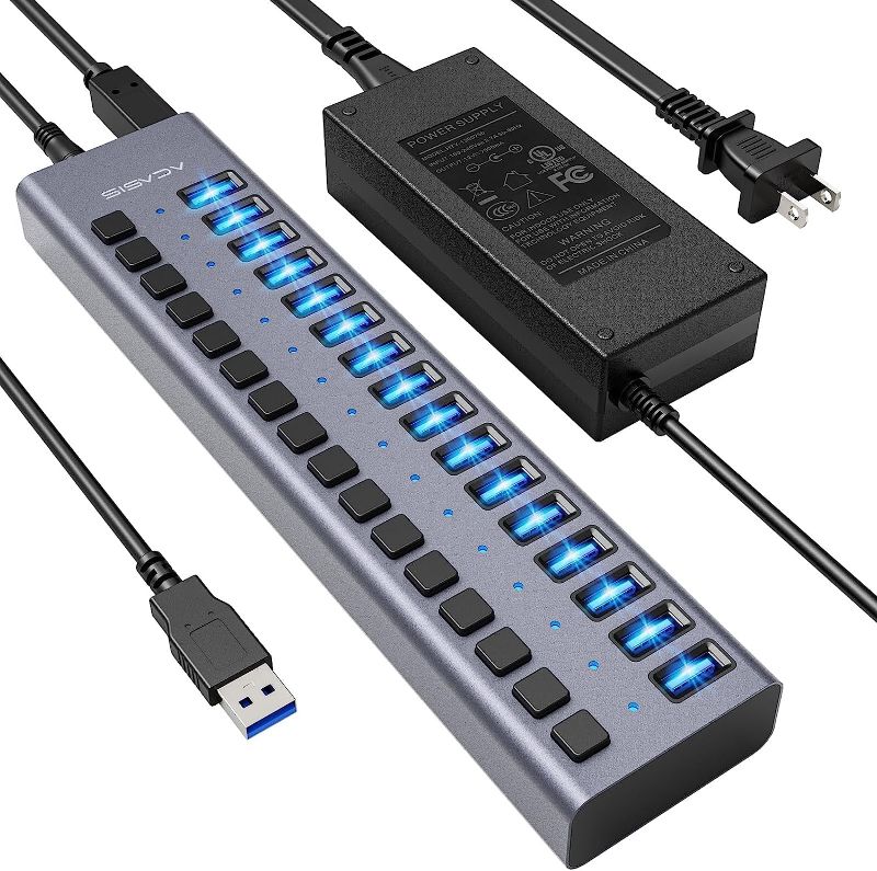 Photo 1 of  Powered USB Hub - ACASIS 16 Ports 90W USB 3.0 Data Port, Aluminum Housing, Individual On/Off Switches, 12V/7.5A Power Adapter, 5Gbps High Speed, USB Splitter for Laptop, PC, Computer, Printer 