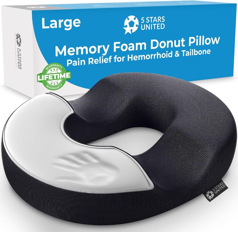 Photo 1 of  5 STARS UNITED Donut Pillow Hemorrhoid Tailbone Cushion – Large Black Seat Cushion Pain Relief for Coccyx, Prostate, Sciatica, Pelvic Floor, Pressure Sores, Pregnancy 