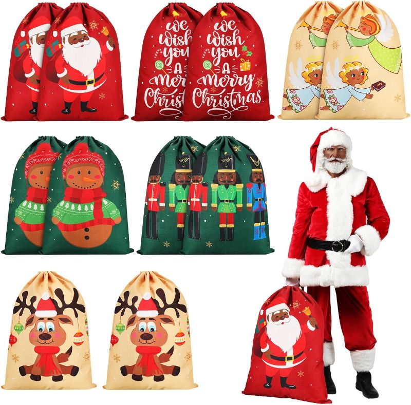 Photo 1 of Clysee Extra Large Christmas Cloth Gift Bags Bulk Big Jumbo Drawstring Black Santa Xmas Reusable Present Bags 19.7 x 26.4 Inch Christmas Party Wrapping Sacks for African American(12 Pcs, Mixed)

