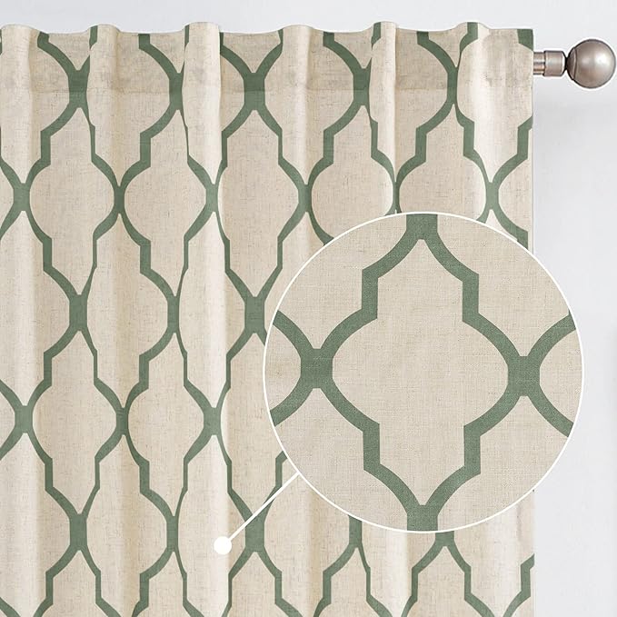 Photo 1 of jinchan Linen Curtains Moroccan Tile Curtains for Bedroom Geometric Curtains for Living Room Drapes Light Filtering Lattice Curtains Back Tab Curtains 84 Inch Length 2 Panels Set Sage on Beige