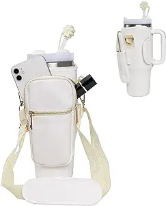 Photo 1 of SpexArt Water Bottle Carrier Bag with Phone Pocket for Stanley 40/30 oz Tumbler Leather Water Bottle Holder Pouch with Adjustable Strap Personalized Stanley Cup Accessories (White 