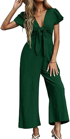 Photo 1 of OPOIPIN Women's Casual Deep V Neck Tie Knot Short Sleeve Romper Wide Leg Pants Jumpsuit SIZE XS