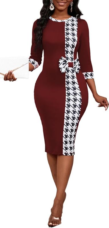 Photo 1 of HipGlamp Work Dress for Women Casual Round Neck Fitted Waist Business Pencil Dress?Burgundy- Large ?