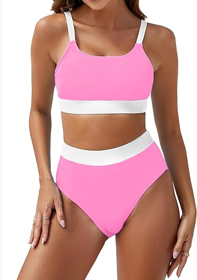 Photo 1 of Bluetime Women Bikini Sets 2 Piece High Waisted Color Block Sporty Bathing Suit Cheeky High Cut Bikini Swimsuits SIZE S