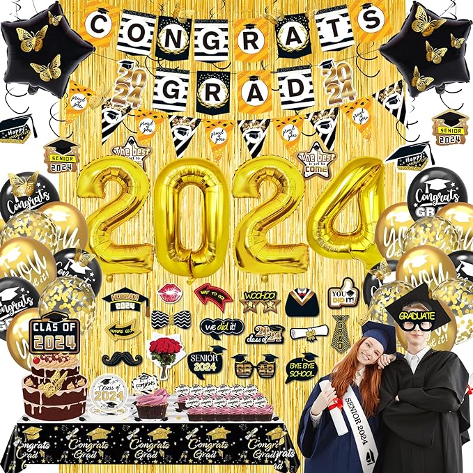 Photo 1 of 145 Pack Graduation Decorations Class of 2024, Black Gold Graduation Decor Party Supplies with Congrats Grad Banners, Curtian Props, Balloons, Tablecloth, Hanging Swirls, Cupcake Toppers, Sash