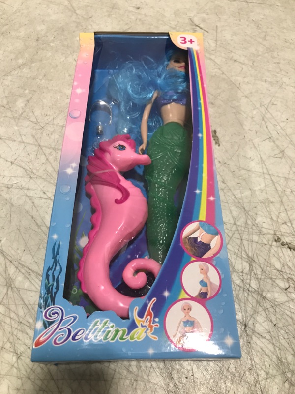 Photo 2 of Mermaid Princess Doll Playset, Water Temperature Color Changing Mermaid Tail by Reversing Squins, 12" Blue Hair Fashion Dress Doll with 3" Pink Seahorse and Accessories, Mermaid Toys Gift for Girls Blue Hair Mermaid Doll