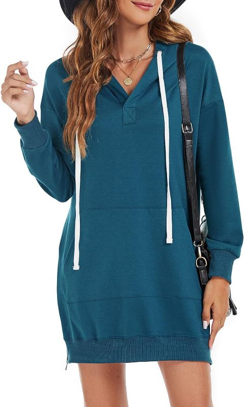 Photo 1 of Womens Pullover Sweatshirt Long Sleeve Side Zipper Split Hem Drawstring Hoodies Dresses with Kangaroo Pocket Blue - Small
