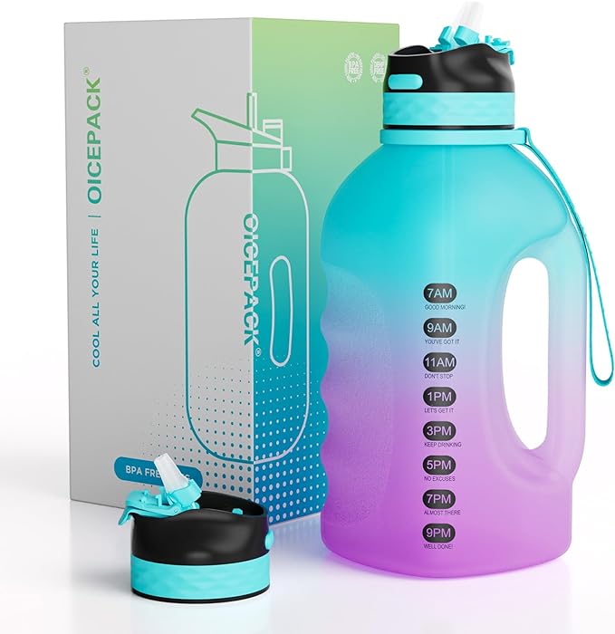 Photo 1 of OICEPACK 1 Gallon Water Bottle Motivational 128 oz Water Bottle With Straw & Chug Lid Gym Water Bottle With Strap Large Water Bottle with Handle Reusable Water Bottles with Time Marker - Purple Blue 