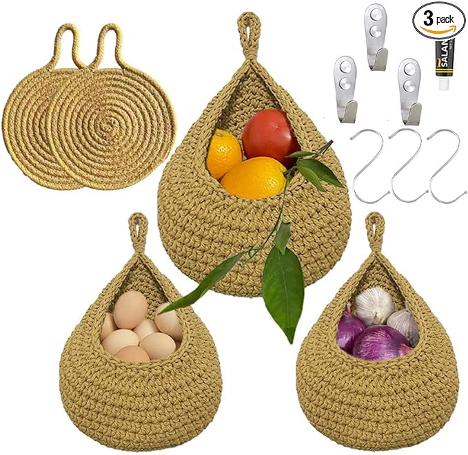 Photo 1 of WHITE 3 Pack Hanging Fruit Baskets for Kitchen with 6 Hooks and 2 Insulation Pads - Wall Teardrop Hanging Holder Basket - Boho Onion Cotton Handwoven for Home Storage Fruits Vegetable (1L&2M) - 