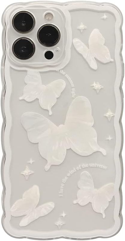 Photo 1 of GUSDBSW Compatible with iPhone 15  PLUS Case Cute for Women Girls, Fashion Wave Grip Design & Aesthetic Curly Pattern, Clear Soft TPU Phone Case - Crystal Butterfly
