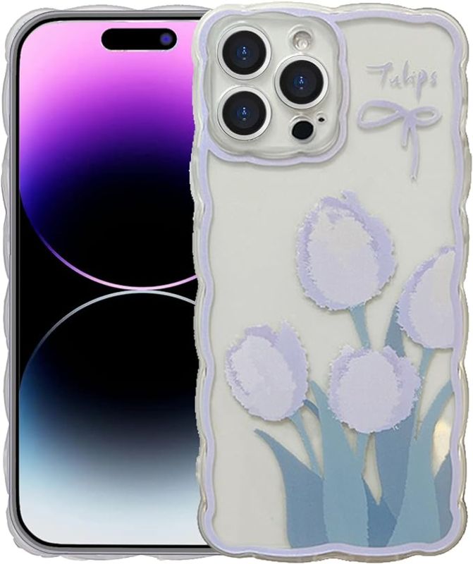 Photo 1 of GUSDBSW Compatible with iPhone 11 Case Cute for Women Girls, Fashion Wave Grip Design & Aesthetic Floral Pattern, Clear Soft TPU Phone Case -Purple Tulip