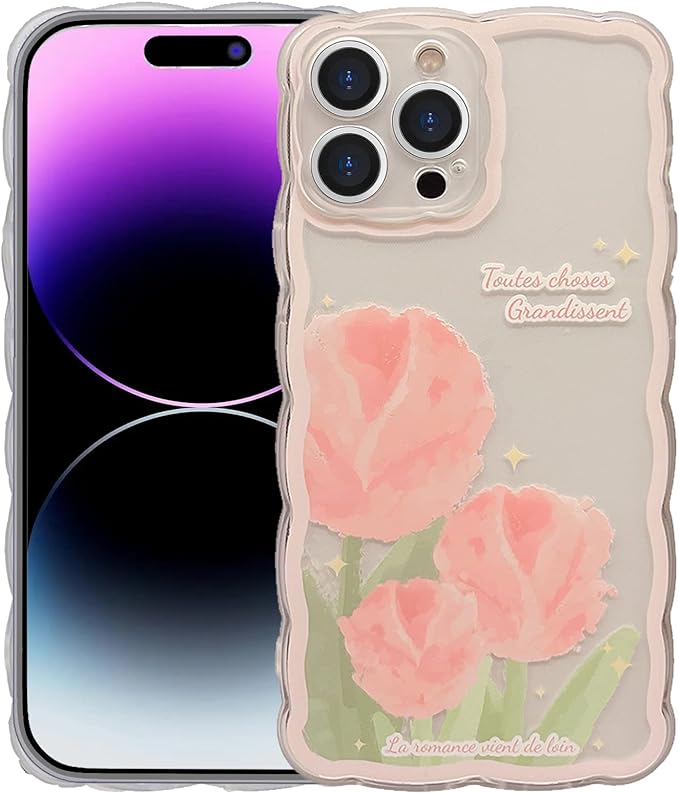 Photo 1 of GUSDBSW Compatible with iPhone 15 Case Cute for Women Girls, Fashion Wave Grip Design & Aesthetic Floral Pattern, Clear Soft TPU Phone Case - Pink Tulip