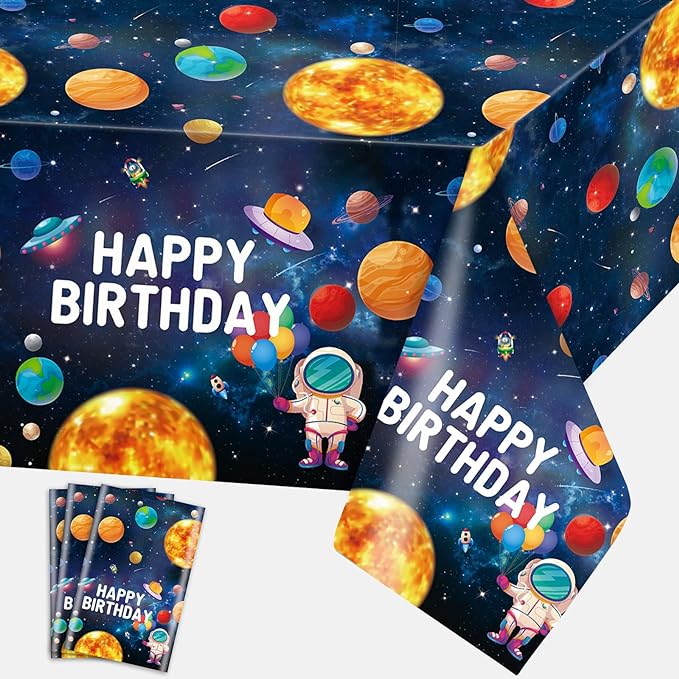 Photo 1 of Astronaut Tablecloths for Birthday Party Decoration Plastic Outer Space Table Covers Rectangle Galaxy Planet Table Cloths Disposable Kids Baby Shower Party Decor Supplies, 54 x 108 Inch, 3pcs 