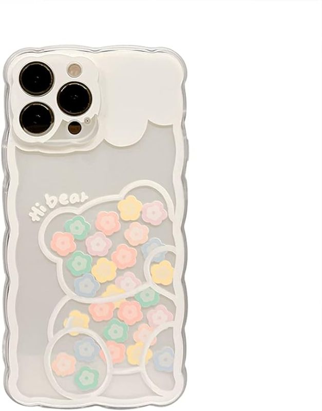 Photo 1 of Compatible with iPhone 11 PRO  Case Cute for Women Girls, Fashion Wave Grip Design & Aesthetic Curly Pattern, Clear Soft TPU Phone Case - Flower Bear
