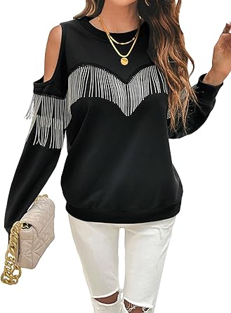 Photo 1 of SweatyRocks Women's Casual Fringe Trim Long Sleeve Round Neck Solid Pullover Sweatshirts Tops SIZE S