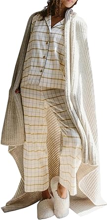 Photo 1 of Fisoew Womens 2 Piece Pajamas Sets Long Sleeve Plaid Button Down Shirts Wide Leg Pants Lounge Sets SIZE L