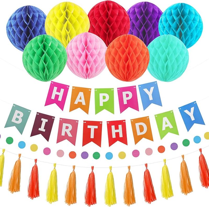 Photo 1 of Birthday Party Decorations, Happy Birthday Banner with Tissue Pom Poms, Tassel Garland, Paper Lanterns, Circle Dot Garland NHappy Birthday Decoration for Men Women