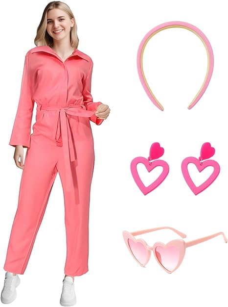 Photo 1 of Metaparty Pink Women Jumpsuit Costume 70s 80s Outfits for Women Costume,Long Sleeve Suit Flight Jumpsuit Pink Cosplay  SIZE S