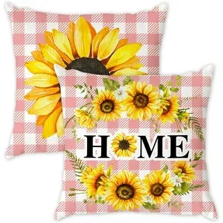Photo 1 of pinata Sunflower Pillow Cover 18x18, Pink Room Decor Aesthetic, Yellow Decorative Throw Pillow Case Set of 2, Fall Spring Summer Outdoor Sofa Couch Buffalo Plaid Linen Farmhouse Sunflower Home Decor