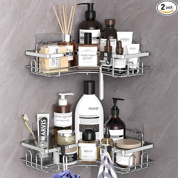 Photo 1 of 2 Pack Corner Shower Caddy Organizer Shelf with Hooks, Silver Bathroom Shelves Storage Organization