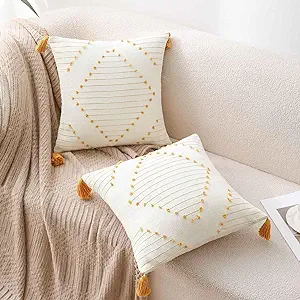Photo 1 of Joyesup Boho Throw Pillow Covers 18x18 Set of 2 Farmhouse Pillow Covers with Tassel Decorative Throw Pillow Cases Room Decor Woven Pillow Covers for Couch Bed Living Room Dormitory(White and Yellow) 