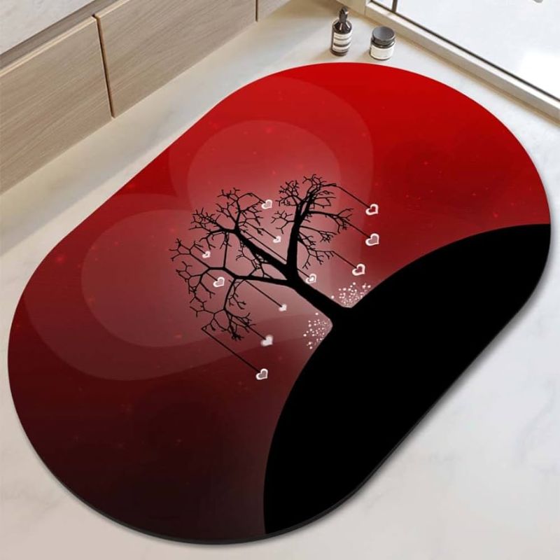 Photo 1 of DUADELI Tree with Hearts Hanging from The Branches Diatomaceous Earth Bath Mat Non-Slip Bathroom Rug Super Absorbent Quick Dry Bath Mat Rug for Bathroom Bathtub fit Under Door(Oval 40cm×60cm)